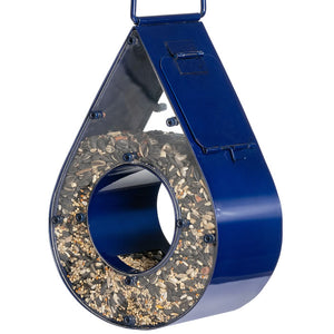 Teardrop Fly-Thru Feeder, Blue, with seeds inside, featuring a durable plexiglass front and back, and a side panel for easy filling.