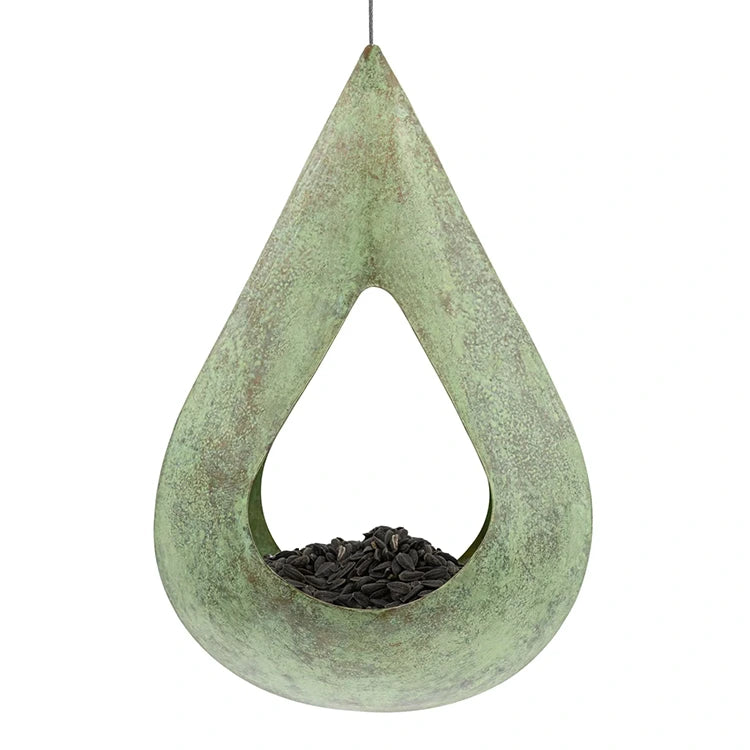 Rain Drop Fly-Thru Verde Copper Bird Feeder with a teardrop shape, weathered finish, and filled tray; designed for easy hanging and bird access.