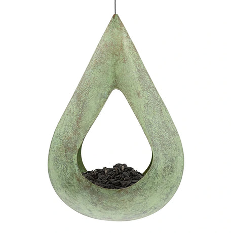 Rain Drop Fly-Thru Verde Copper Bird Feeder with a teardrop shape, weathered finish, and filled tray; designed for easy hanging and bird access.