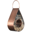 Teardrop Fly-Thru Feeder, Copper: A raindrop-shaped bird feeder with a central perch area, plexiglass panels, and a side panel for easy filling, holds 3 lbs. of seed.