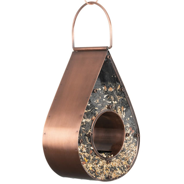 Teardrop Fly-Thru Feeder, Copper: A raindrop-shaped bird feeder with a central perch area, plexiglass panels, and a side panel for easy filling, holds 3 lbs. of seed.