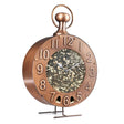 Time Fly's Bird Feeder with a round clock face, copper finish, dual perches, and four feeding ports, designed for easy hanging and filling.