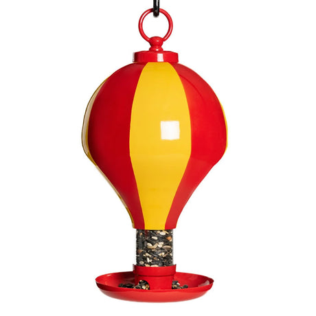 Up, Up & Away Bird Feeder: Hot air balloon-shaped feeder with a large tray, plexiglass tube, and durable finish for easy bird watching and filling.