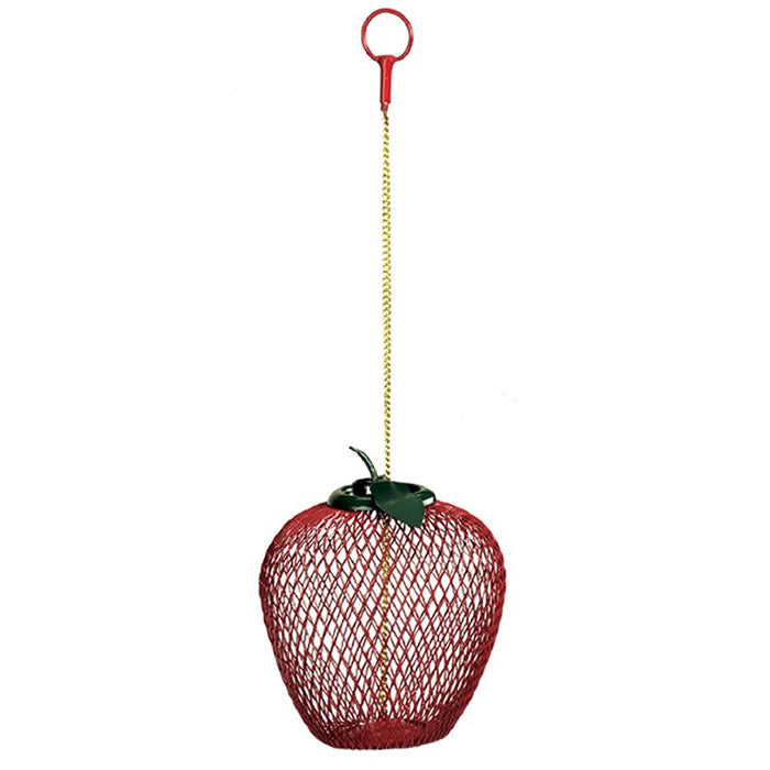 Apple Wire Mesh Bird Feeder with diamond mesh openings, hanging chain, and solid bottom for reduced seed waste. Perfect for attracting various birds.