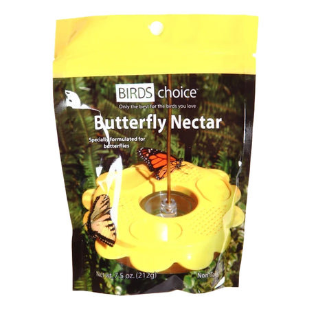 BirdsChoice Butterfly Nectar box for attracting butterflies, shown with a butterfly-themed design, offering nutrients and easy mixing to support butterfly sustenance.