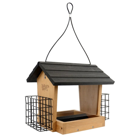 Bamboo 3QT Hopper Bird Feeder with Suet; wooden with a peaked roof, open tray, and side wire cages for suet, hanging cable included.