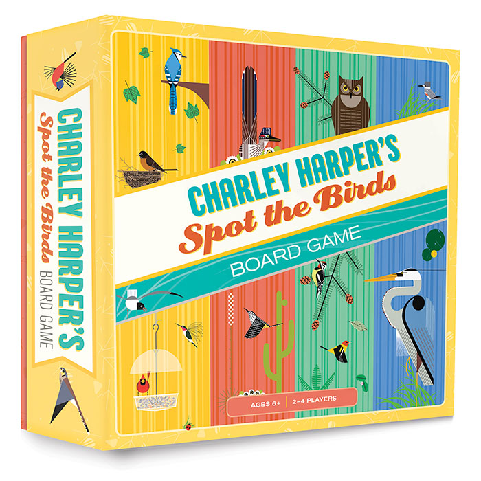 Charley Harper's Spot the Birds Board Game features a colorful box with a cartoon bird illustration, designed for family fun and birdwatching adventures.