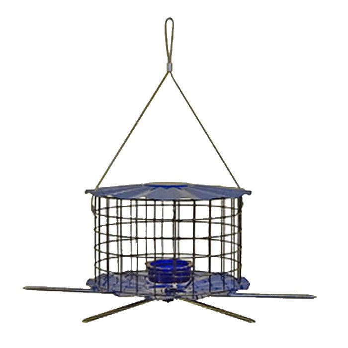 Erva Tool Barrier Guard Feeder Perch Accessory, a metal add-on providing six perching areas, attaches to the bottom of baffled caged bird feeders.