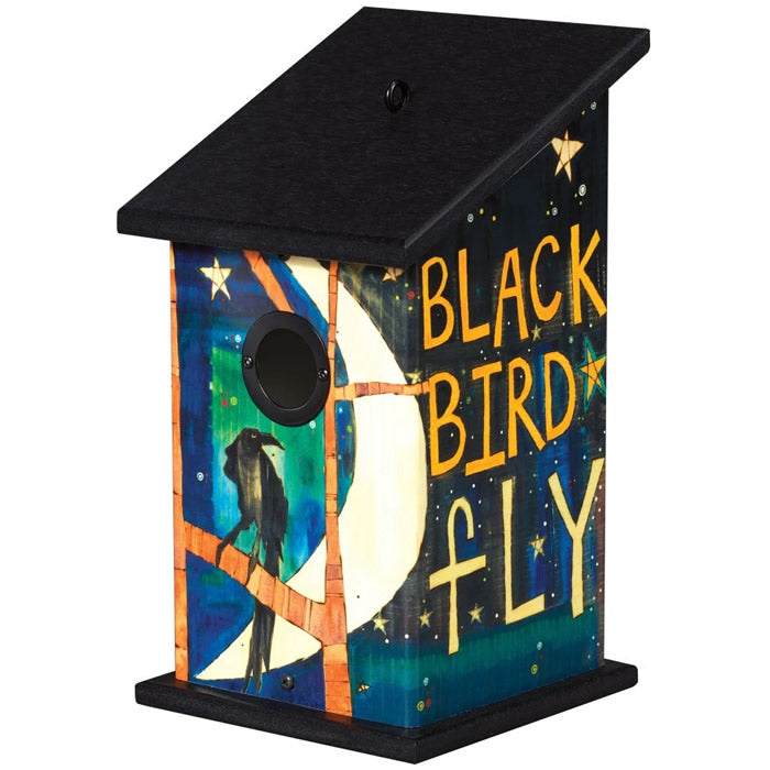 Blackbird Birdhouse with black roof, featuring original artwork of a blackbird and moon, metal portal protector, and easy-clean roof. Durable and weather-resistant.