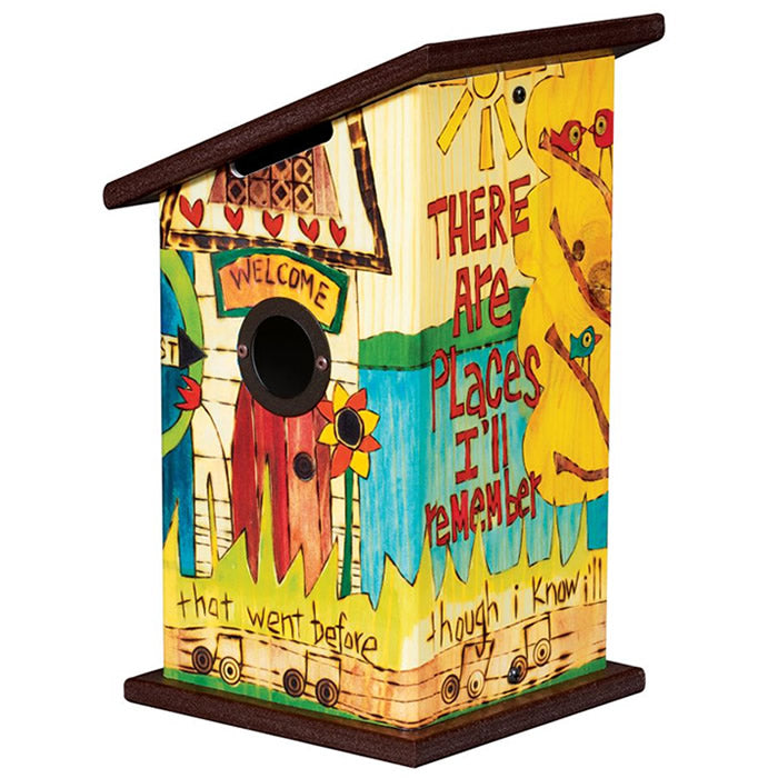 In My Life Birdhouse featuring artwork with birds and song lyrics, black roof, metal portal protector, and durable PVC construction for outdoor use.