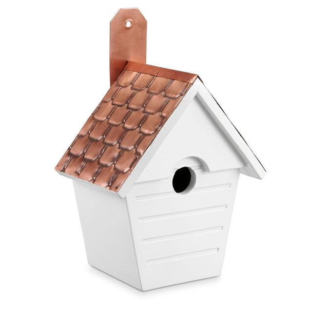 Classic Cottage Bird House with Shingled Antique Copper Roof featuring a perch-less entry, air vents, drainage holes, and a sliding door for easy cleaning.