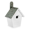 Classic Cottage Bird House with Shingled Verdigris Roof, featuring a white body, no perch entry, air vents, drainage holes, and a mango hardwood base.