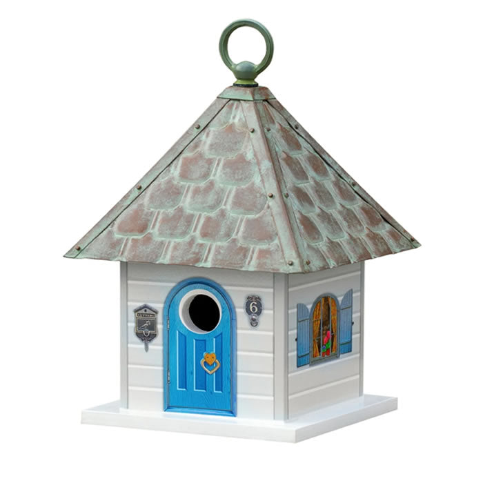 Simon's Bird House with Verdigris Roof featuring a white hardwood base, blue door with heart-shaped hole, and verdigris copper shingled roof.