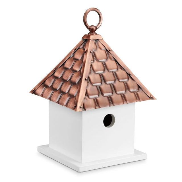 Bird House Bungalow with Shingled Antique Copper Roof, featuring a perch-less entry, air vents, drainage holes, and a sliding door for easy cleaning.