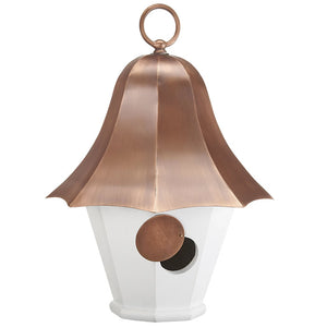 Bell Top Bird House with copper roof, featuring a 1-1/4 inch entrance for small songbirds and a sliding door for easy cleanout.