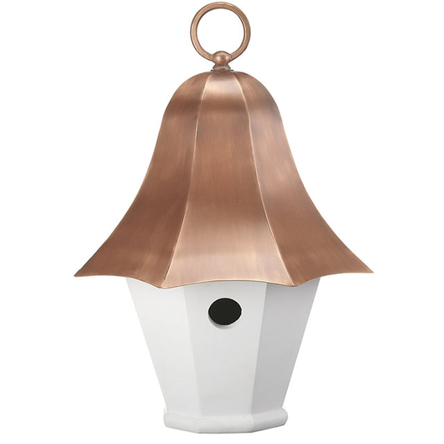 Bell Top Bird House with a copper roof, featuring a 1-1/4 inch entrance hole and sliding copper door for easy cleaning.