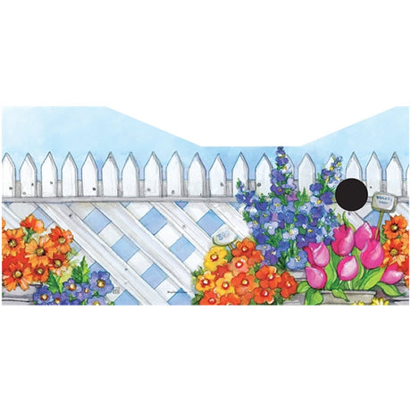 Lattice Flowers Birdhouse with painted floral and white fence design, featuring a metal portal protector and full-color illustrations by Sally Eckman Roberts.