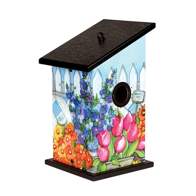 Lattice Flowers Birdhouse featuring painted floral designs, durable PVC and recycled plastic, metal portal protector, and easy-clean roof. Suitable for attracting bluebirds and other songbirds.