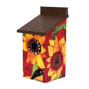 Sunflower Delight Birdhouse with a brown roof, vibrant illustrations, metal portal protector, and durable PVC construction for bluebird nesting and protection.