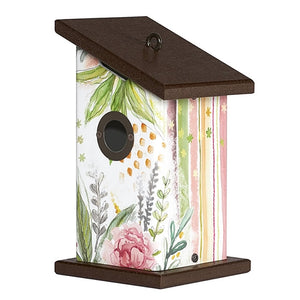 Fresh Flowers Wren House featuring a painted flower design, brown roof, metal portal protector, and all-weather PVC construction. Ideal for backyard bird nesting.