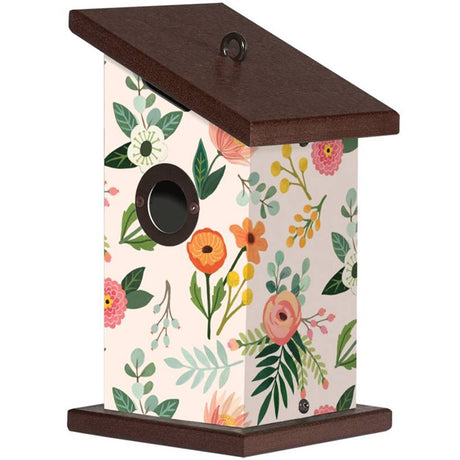 Cedar Point Cottage House features flower illustrations, metal portal protector, and a 1-1/8 inch entry hole, offering a safe nesting spot for wrens.