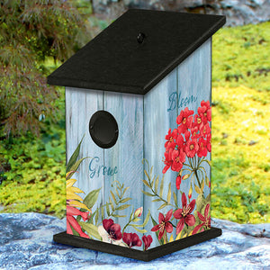 Bloom with Grace Birdhouse featuring floral artwork, metal portal protector, fledgling ladder, and an eye hook for hanging. All-weather PVC and recycled plastic construction.