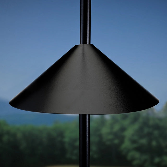 14 Squirrel Baffle: Black cone-shaped metal baffle on a pole, designed to prevent squirrels from accessing bird feeders.