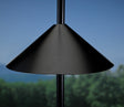 14 Squirrel Baffle: Black cone-shaped metal baffle on a pole, designed to prevent squirrels from accessing bird feeders.