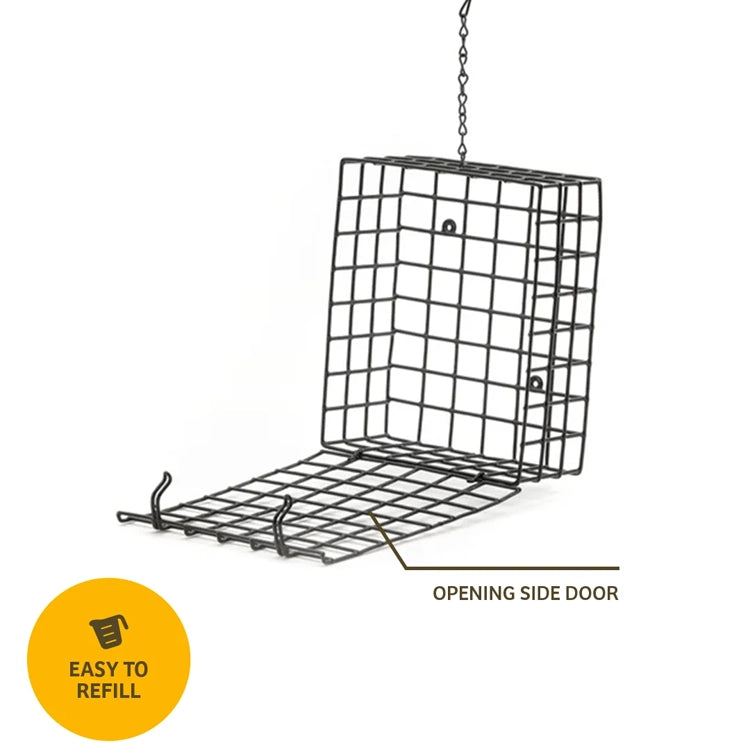 Large Seed and Suet Block Cage with hinged side door open for easy refilling.