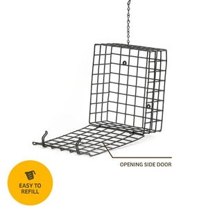 Large Seed and Suet Block Cage with hinged side door open for easy refilling.