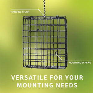 Large Seed and Suet Block Cage showing hanging chain and screw mounting options.