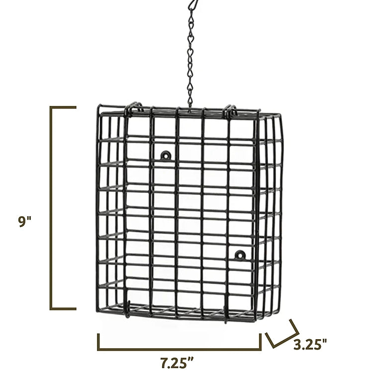 Black metal hanging bird feeder cage with dimension markings showing 9 inches height, 7.25 inches width, and 3.