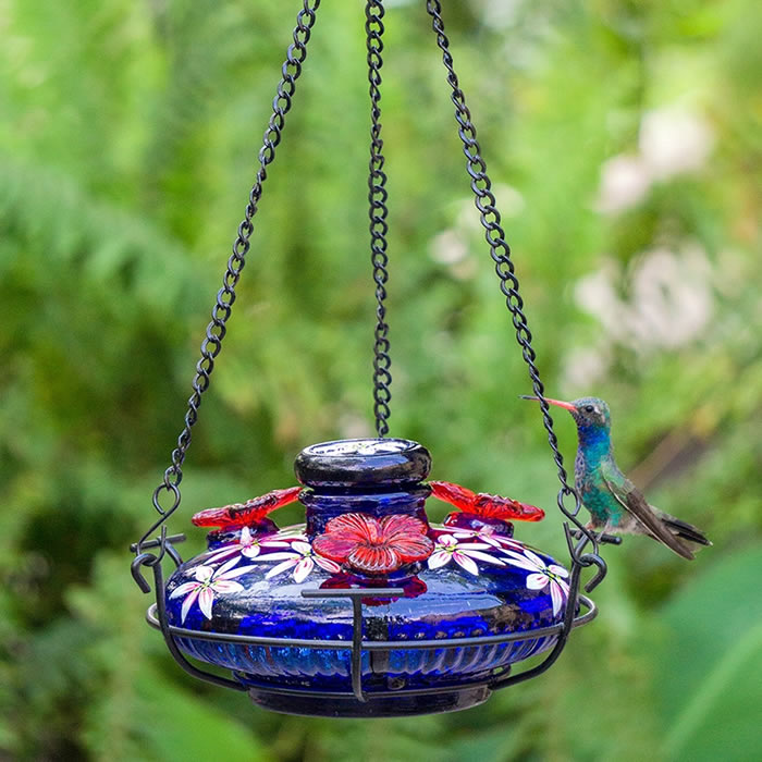 Bloom Perch Botanica Hummingbird Feeder with handblown glass, three perches, and bee-resistant feeding ports, attracting hummingbirds to your yard.