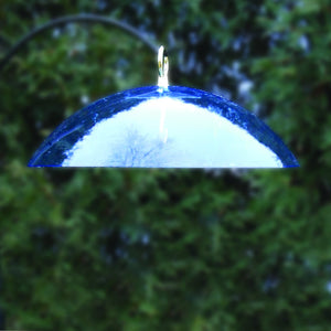 Blue Weather Dome: A translucent blue glass dome with a metal hook, designed to shield bird feeders from rain and snow.