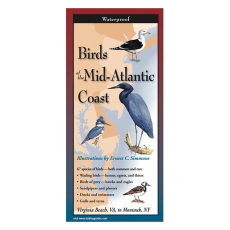 Birds of the Mid-Atlantic Coast: A laminated, fold-out birding guide featuring illustrations of regional birds, including a blue bird on a branch.