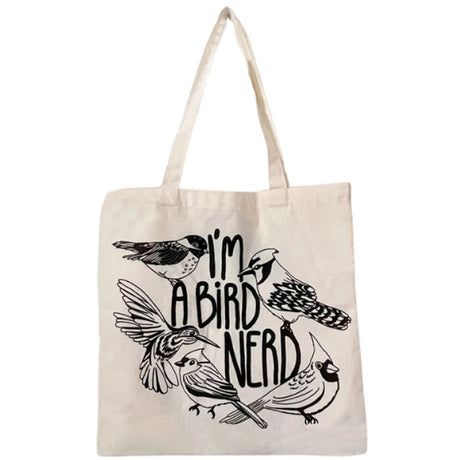 I'm A Bird Nerd 100% Organic Cotton Tote Bag with black bird illustrations, designed by Debbie Draws Funny. Ideal for shopping, birding, or daily use.