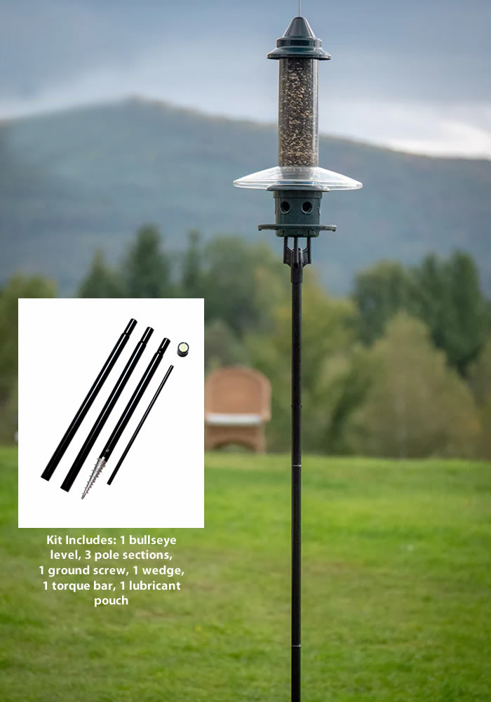 Brome BirdsUP® Single Pole Kit: A sturdy pole with a bird feeder, ready for customizable bird feeding accessories. Includes ground screw, torque bar, and more.