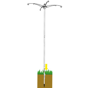 Illustration of a metal pole with a flagpole attachment, set into the ground with grass at the base.