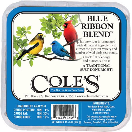 Cole's Blue Ribbon Suet Cakes package featuring a mix of premium sunflower seeds, millet, and cracked corn, ideal for attracting various songbirds.