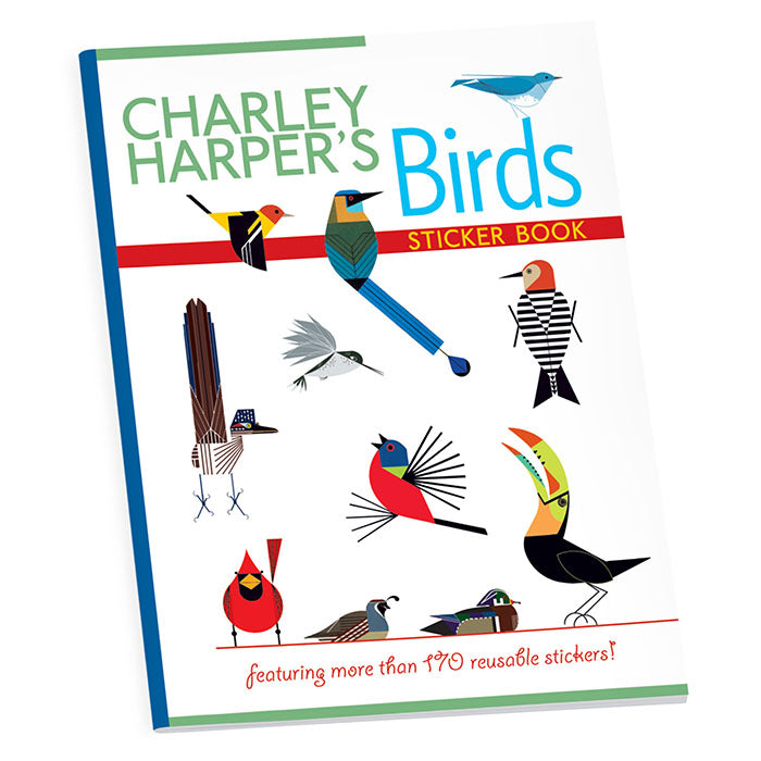 Charley Harper’s Birds Sticker Book featuring 50 bird designs on reusable paper stickers in a soft cover, 8-page booklet, ideal for decoration and crafts.