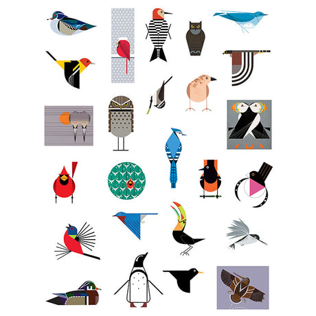 Charley Harper’s Birds Sticker Book featuring various bird illustrations in different sizes on a white background. Contains over 170 reusable stickers in an 8.5 x 11-inch book.