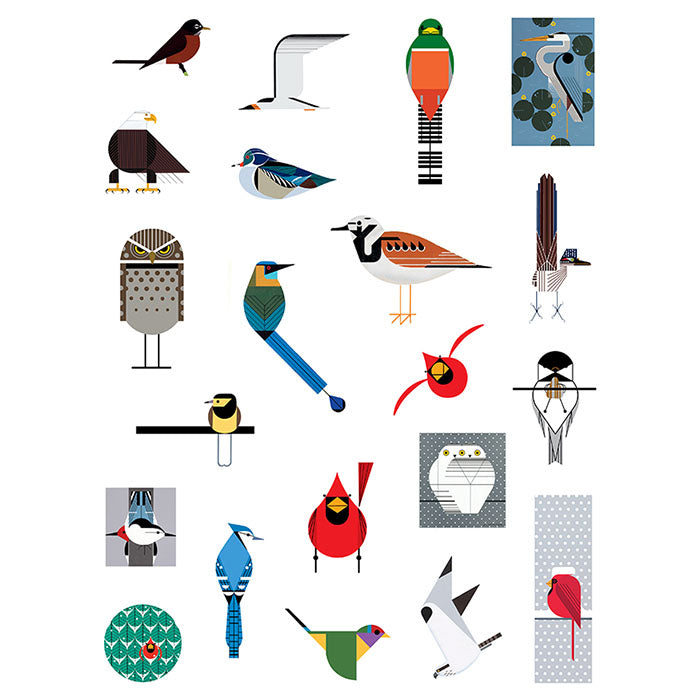 Charley Harper’s Birds Sticker Book with a collection of colorful bird illustrations on a white background, featuring 170 reusable stickers in various sizes.