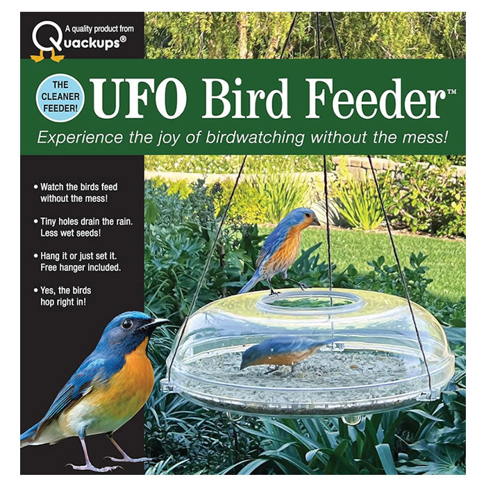 UFO Bird Feeder with birds perched on it, featuring a transparent design for easy birdwatching and a top entry for minimal mess.