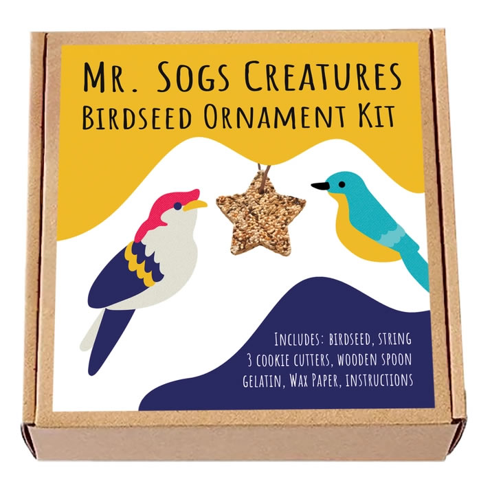 Mr. Sogs Creatures DIY Birdseed Ornament Kit includes a box with bird and star-shaped objects, cookie cutters, string, and instructions for crafting bird feeders.