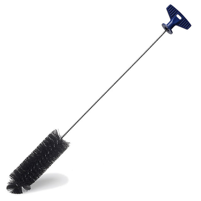 Feeder Brush with a blue handle, round black bristles. Ideal for cleaning tube feeders without scratching. Features a built-in hanging loop. Measures 24 inches long.