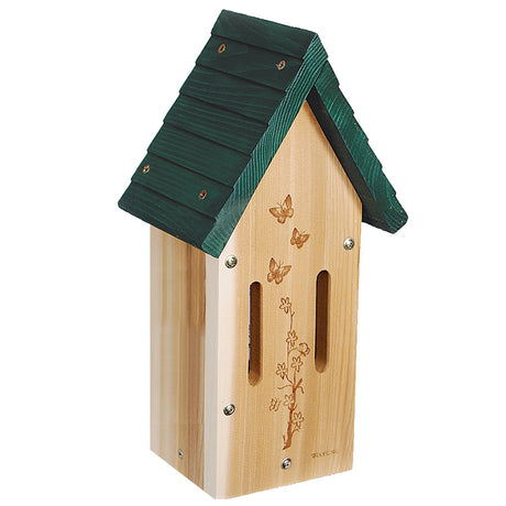 Butterfly House with green roof, decorative butterfly and flower etchings, made of cedar, featuring vertical fly-through openings and side panel for easy cleanout.