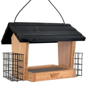 Bamboo 6QT Hopper Bird Feeder with Suet features a black roof, wire mesh, and wood construction, designed for easy filling and accommodating larger birds.