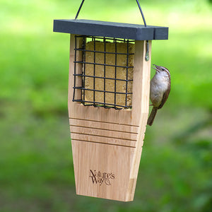 Bamboo Suet Tail Prop Bird Feeder with a bird feeding. Features dual-side mesh, extended tail-prop, and vinyl hanging cable. Ideal for attracting large woodpeckers.