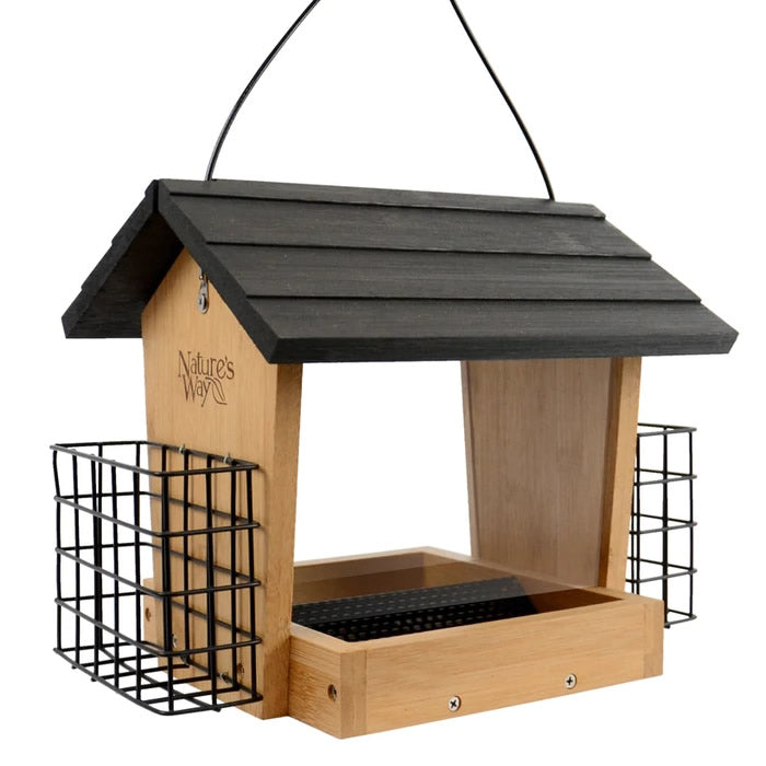 Bamboo 3QT Hopper Bird Feeder with Suet, featuring a black roof, spacious design for larger birds, and a removable tray for easy cleaning and seed drainage.