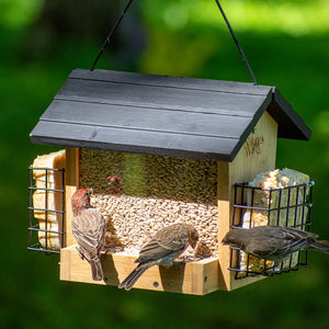 Bamboo 3QT Hopper Bird Feeder with Suet, featuring birds feeding, made from durable bamboo, with extra spacing for larger birds and a removable Fresh Seed™ tray.